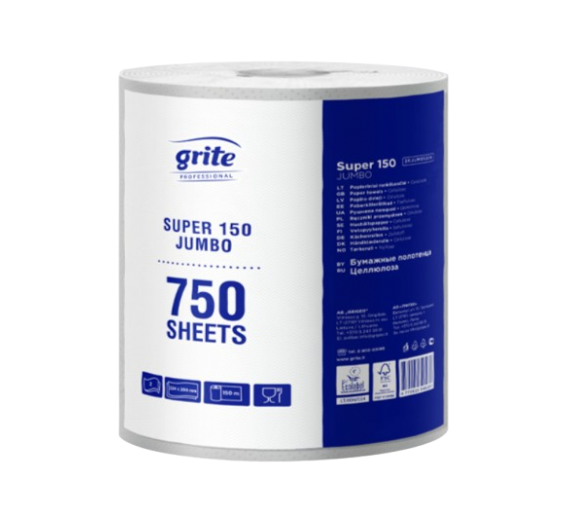 Švaros prekės. Tualetinis popierius, popieriniai rankšluosčiai. Popierinis rankšluostis Grite Super 150 Jumbo 2sl 750lap