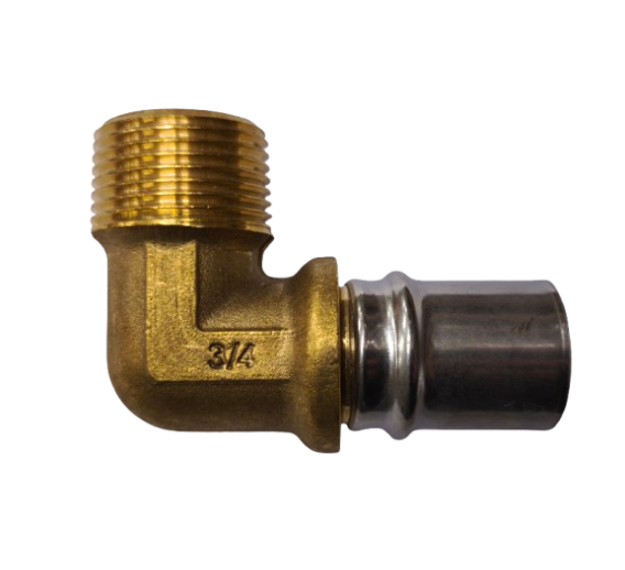 Santechnikos prekės. Vamzdynų sistemos. Daugiasluoksnė sistema, dalys. Presuojamos jungtys. Presuojama alkūnėlė su išoriniu sriegiu 20x3/4