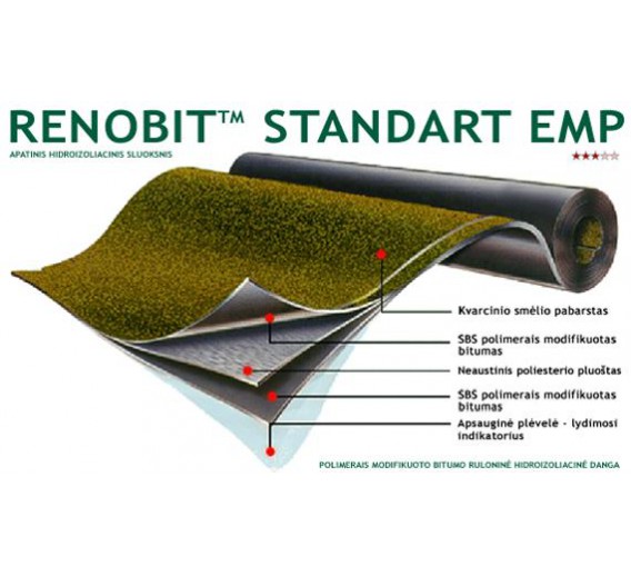 Statybinės medžiagos. Stogo dangos. Ruloninė stogo danga. Prilydoma stogo danga. Prilydoma danga apatinė RENOBIT Standart EMP 10 kv.m. 