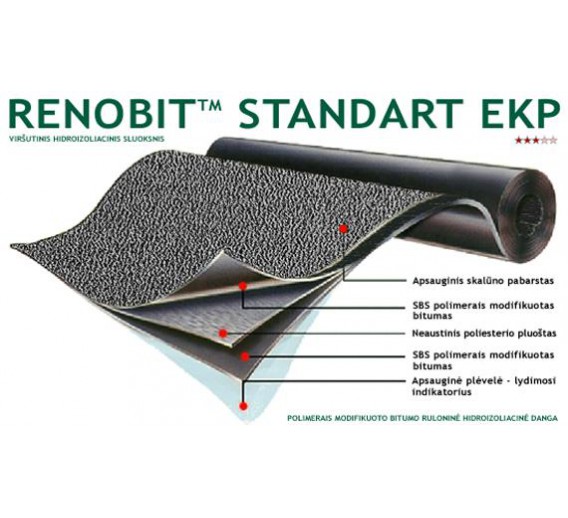 Statybinės medžiagos. Stogo dangos. Ruloninė stogo danga. Prilydoma stogo danga. Prilydoma danga viršutinė RENOBIT Standart EKP 10 kv.m. 