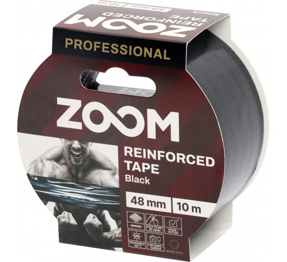 Vidaus apdailos prekės. Pakavimo, izoliacinės, lipnios juostos. Armuotos juostos, audinio juostos. Profesionali armuota juosta ZOOM juoda, 48 mm x 10 m