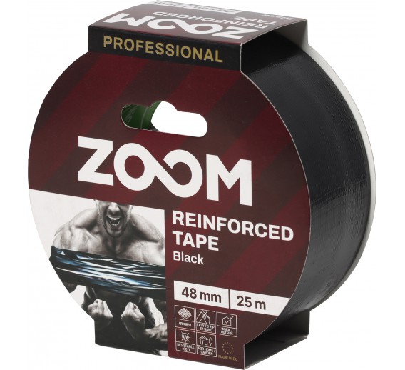 Vidaus apdailos prekės. Pakavimo, izoliacinės, lipnios juostos. Armuotos juostos, audinio juostos. Profesionali armuota juosta ZOOM juoda, 48 mm x 25 m