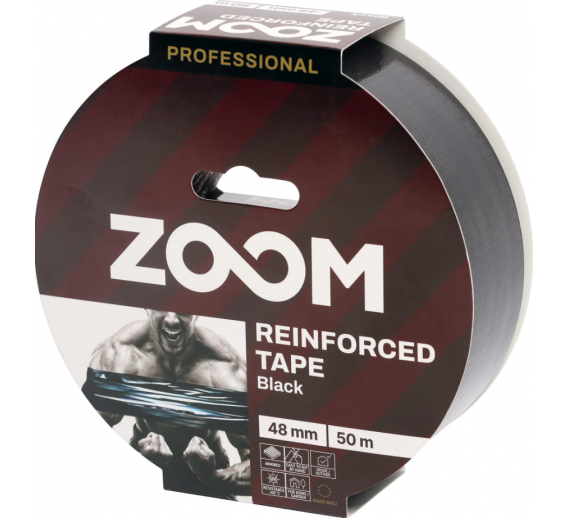 Vidaus apdailos prekės. Pakavimo, izoliacinės, lipnios juostos. Armuotos juostos, audinio juostos. Profesionali armuota juosta ZOOM juoda, 48 mm x 50 m