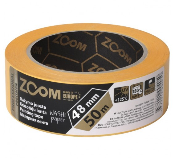 Dažai. Dažai, dažymo įrankiai, dažymo juostos. Apsauginės dažymo, glaistymo ir armavimo juostos. Profesionali dažymo juosta Precision ZOOM, 48 mm x 50 m 