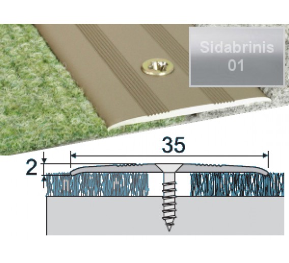 Vidaus apdailos prekės. Apdailos, sujungimo profiliai. Slenkstukai grindų sujungimui. Profilis EFECTOR A08 sujungimo sidabrinis 180 cm 35x2 mm 