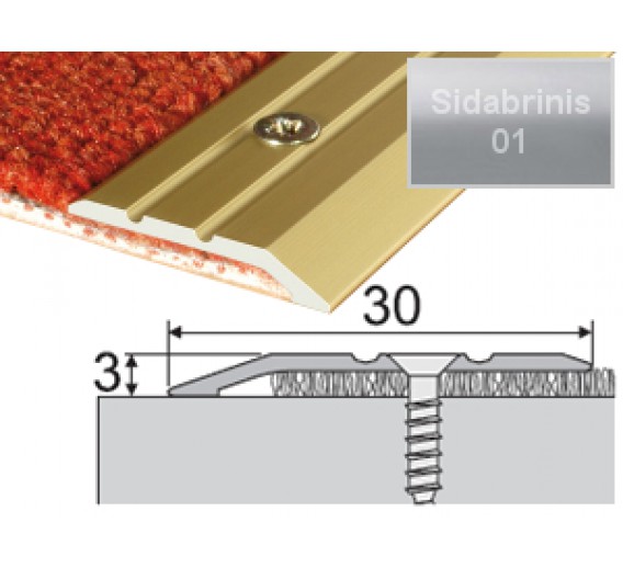 Vidaus apdailos prekės. Apdailos, sujungimo profiliai. Slenkstukai grindų sujungimui. Profilis Effector A01, su nuolydžiu sidabrinis 180 cm 
