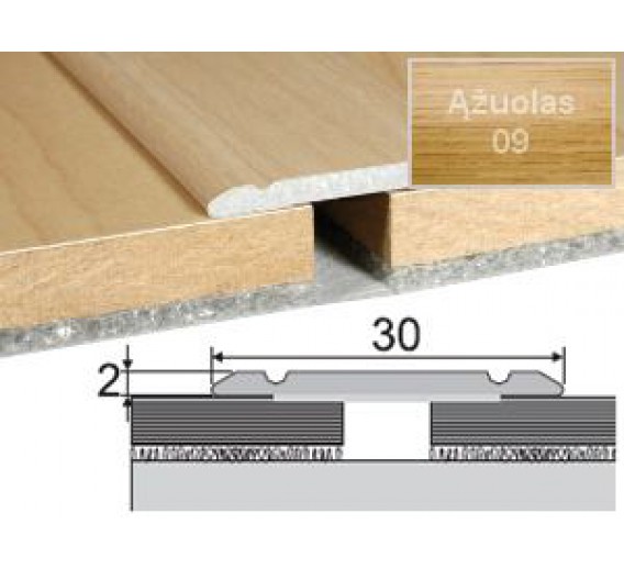 Vidaus apdailos prekės. Apdailos, sujungimo profiliai. Slenkstukai grindų sujungimui. Profilis Effector A02 sujungimo, klijuojamas ąžuolo sp. 180 cm 