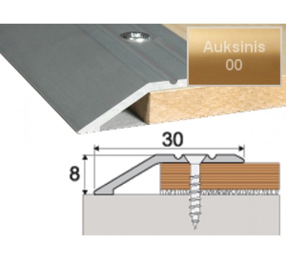 Vidaus apdailos prekės. Apdailos, sujungimo profiliai. Slenkstukai grindų sujungimui. Profilis Effector A11, su nuolydžiu auksinis 90 cm 