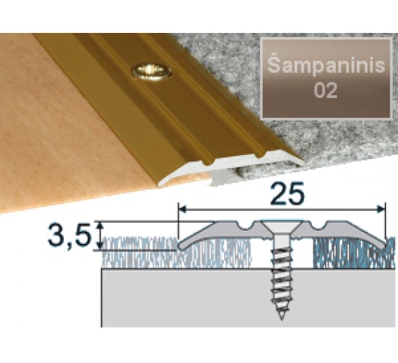 Vidaus apdailos prekės. Apdailos, sujungimo profiliai. Slenkstukai grindų sujungimui. Profilis Effector A12 sujungimo 25x2 šampaninis 180 cm 