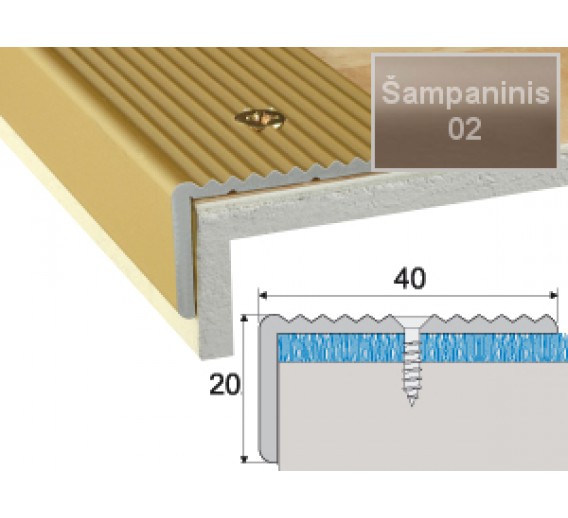 Vidaus apdailos prekės. Apdailos, sujungimo profiliai. Slenkstukai grindų sujungimui. Profilis Effector A33 laiptams 40x20 mm šampaninis 180 cm 