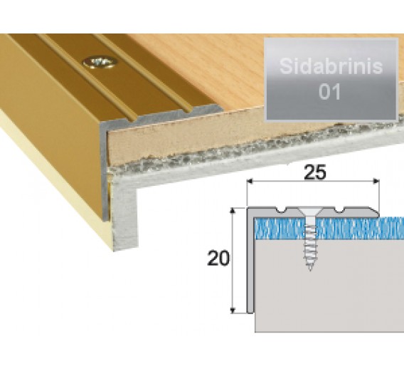 Vidaus apdailos prekės. Apdailos, sujungimo profiliai. Slenkstukai grindų sujungimui. Profilis Effector A36 laiptams sidabrinis 180 cm 