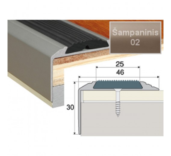 Vidaus apdailos prekės. Apdailos, sujungimo profiliai. Slenkstukai grindų sujungimui. Profilis Effector A38 laiptams su guma, šampano sp. 90 cm 