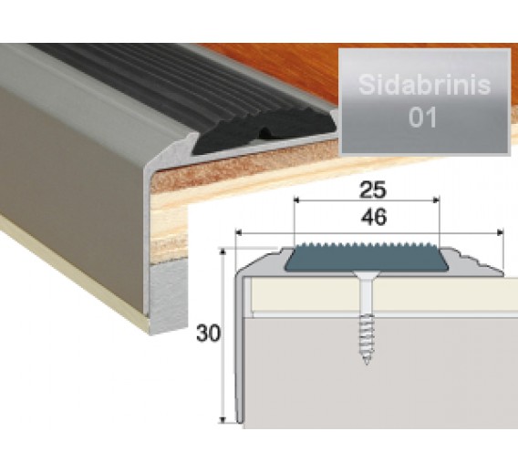 Vidaus apdailos prekės. Apdailos, sujungimo profiliai. Slenkstukai grindų sujungimui. Profilis Effector A38 laiptams su guma, sidabro sp. 90 cm 