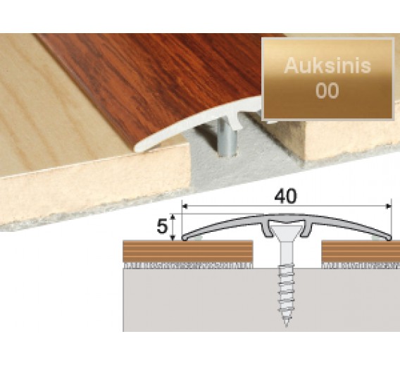 Vidaus apdailos prekės. Apdailos, sujungimo profiliai. Slenkstukai grindų sujungimui. Profilis Effector A64 sujungimo 40x5 mm auksinis 93 cm 