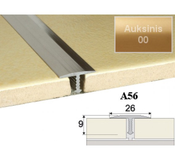 Vidaus apdailos prekės. Apdailos, sujungimo profiliai. Slenkstukai grindų sujungimui. Profilis Effector, sujungimo A56 auksinis 250 cm 26x9 mm 