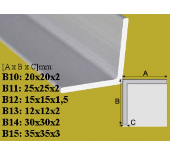 Vidaus apdailos prekės. Apdailos, sujungimo profiliai. Kampiniai aliuminio profiliai. Profilis kampinis aliuminis B12 15x15 mm 2 m 