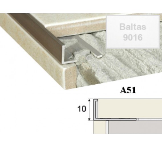 Vidaus apdailos prekės. Plytelės. Profiliai plytelių užbaigimui. Profilis plytelių užbaigimui A51-10-250 baltas 10 mm 
