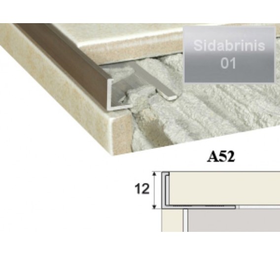 Vidaus apdailos prekės. Plytelės. Profiliai plytelių užbaigimui. Profilis plytelių užbaigimui A52-01-2000 sidabro sp. 12 mm 