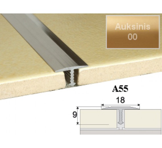 Vidaus apdailos prekės. Apdailos, sujungimo profiliai. Slenkstukai grindų sujungimui. Profilis sujungimui Effector A55 auksinis 18x9mmx200cm 