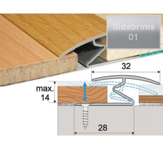 Vidaus apdailos prekės. Apdailos, sujungimo profiliai. Slenkstukai grindų sujungimui. Profilis sujungimui Effector A69 sidabrinis 90 cm 