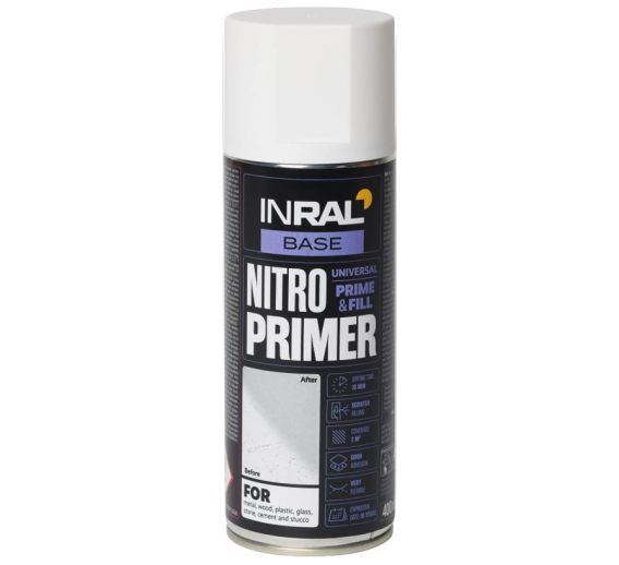 Dažai. Dažai, dažymo įrankiai, dažymo juostos. Aerozoliniai dažai, lakas, gruntas. Purškiamas gruntas INRAL Nitro Primer balta 400ml 