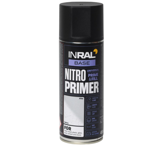Dažai. Dažai, dažymo įrankiai, dažymo juostos. Aerozoliniai dažai, lakas, gruntas. Purškiamas gruntas INRAL Nitro Primer juoda 400ml 