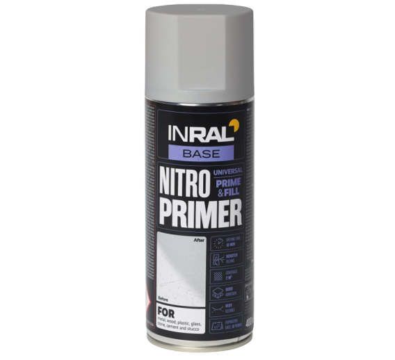 Dažai. Dažai, dažymo įrankiai, dažymo juostos. Aerozoliniai dažai, lakas, gruntas. Purškiamas gruntas INRAL Nitro Primer pilka 400ml 