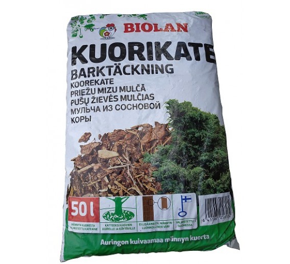 Sodo ir daržo prekės. Dekoratyvinis akmuo, skaldelės, mulčias. Pušų žievės mulčias Biolan, 50 l 