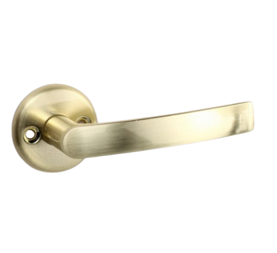 Vidaus apdailos prekės. Durys, jų dalys. Durų furnitūra. Rankenos. Rankena 16/006 R3115 matinio žalvario