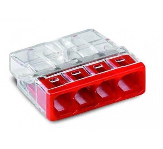 Elektros prekės. Laidai ir kabeliai. Kabelių priedai, jungtys. WAGO jungtys. Raudona 4 vietų jungtis WAGO 2273-204, iki 2,5 mm, 24A, 5 vnt. 