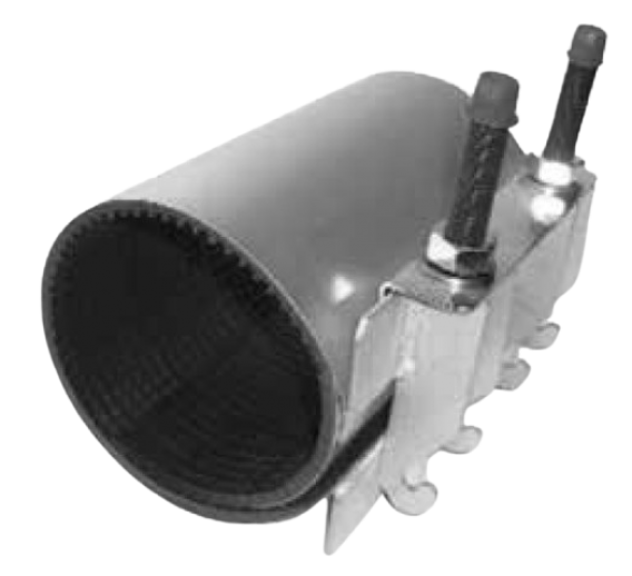 Santechnikos prekės. Vamzdynų sistemos. Vamzdžių sujungimo detalės. Plieninės jungtys. Plieninės movos. Remontinė mova nerūdijančio plieno 108-118 150mm