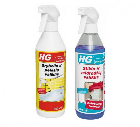Švaros prekės. Buitinė chemija, valikliai. Rinkinys: HG pelėsio valiklis 500ml + HG stiklų valiklis 500ml 