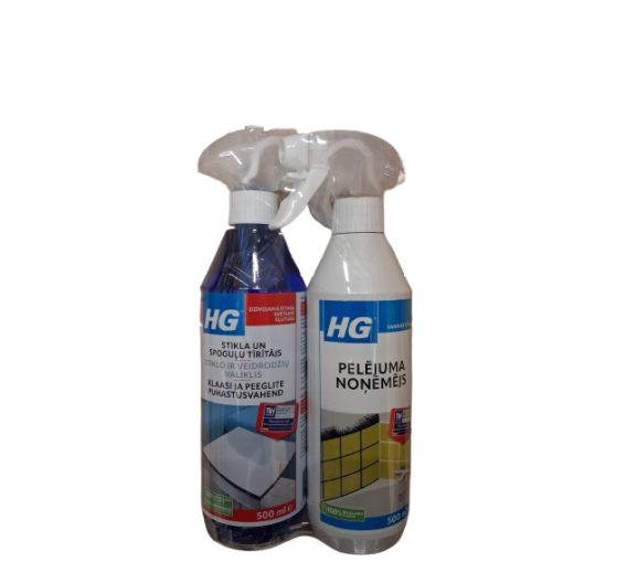 Švaros prekės. Buitinė chemija, valikliai. Rinkinys: HG pelėsio valiklis 500ml + HG stiklų valiklis 500ml