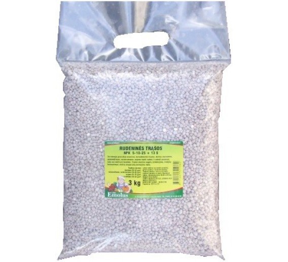 Sodo ir daržo prekės. Trąšos ir durpių substratai. Trąšos. Birios trąšos. Rudenines trąšos NPK 05-10-25 3kg 