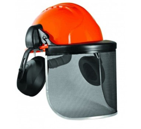 Darbo saugos prekės. Galvos apsaugos priemonės. Apsauginiai šalmai. Šalmas MK7 miškininkams su skydeliu ir ausinėms, oranžinis 