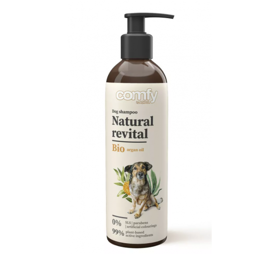Gyvūnų prekės. Gyvūnėlių priežiūros priemonės. Apsauginės priemonės nuo parazitų naminiams gyvūnams. Šampūnas šunims Comfy NATURAL REVITAL 250ml