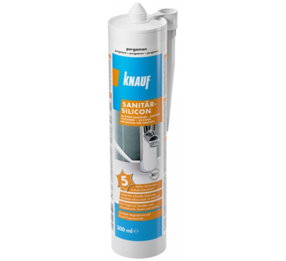 Vidaus apdailos prekės. Hermetikai, montavimo putos, sandarinimo juostos. Silikoniniai hermetikai. Sanitarinis silikonas 300 ml Knauf Pergamon 