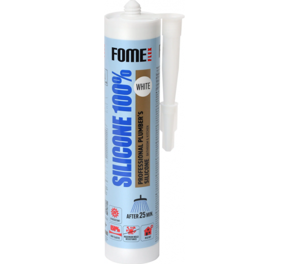 Vidaus apdailos prekės. Hermetikai, montavimo putos, sandarinimo juostos. Silikoniniai hermetikai. Sanitarinis silikonas Fome Flex 100% 310 ml baltas 