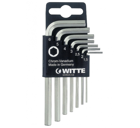 Darbo įrankiai. Mechaniniai įrankiai. Raktų ir galvučių rinkiniai. Šešiakampių raktų rinkiniai. Šešiakampių raktų rinkinys 
Witte 7 vnt. 