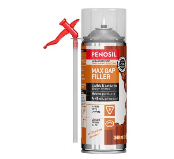 Vidaus apdailos prekės. Hermetikai, montavimo putos, sandarinimo juostos. Sandarinimo, montavimo putos. Šiaudelinės sandarinimo putos Penosil MAX GAP Filler, 340ml 
