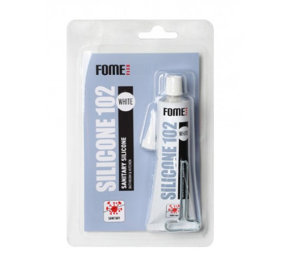 Vidaus apdailos prekės. Hermetikai, montavimo putos, sandarinimo juostos. Silikoniniai hermetikai. Silikonas FOME FLEX sanitary 102 baltas 60ml 
