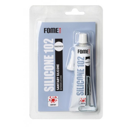 Vidaus apdailos prekės. Hermetikai, montavimo putos, sandarinimo juostos. Silikoniniai hermetikai. Silikonas FOME FLEX sanitary 102 skaidrus 60ml 