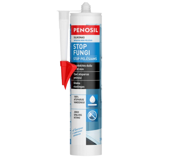 Vidaus apdailos prekės. Hermetikai, montavimo putos, sandarinimo juostos. Silikoniniai hermetikai. Silikonas PENOSIL apsauga nuo pelėsio, 310 ml 
