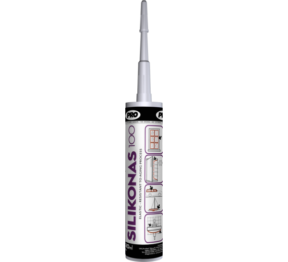 Vidaus apdailos prekės. Hermetikai, montavimo putos, sandarinimo juostos. Silikoniniai hermetikai. Silikonas PRO 100 310ml, baltas 