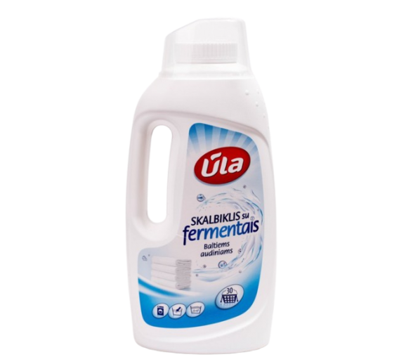 Švaros prekės. Skalbimo milteliai, skalbikliai, plovimo priemonės. Skalbiklis Ūla su fermentais baltiems audiniams 1500 ml 