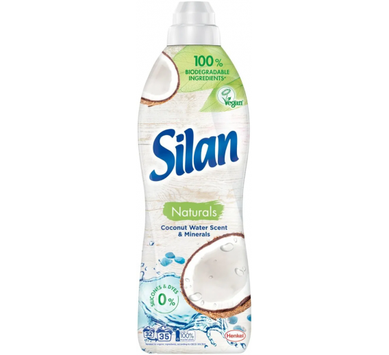 Švaros prekės. Skalbimo milteliai, skalbikliai, plovimo priemonės. Skalbinių minkštiklis SILAN Coconut water 770ml
