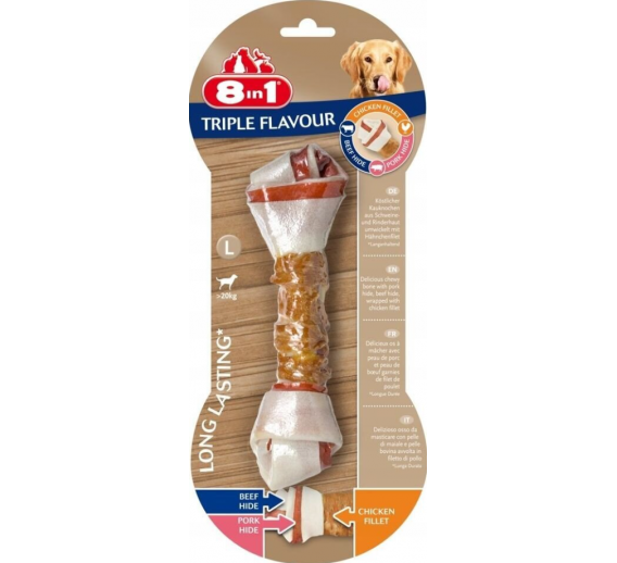 Gyvūnų prekės. Gyvūnėlių priežiūros priemonės. Naminių gyvūnų maistas. Skanėstas šunims 8in1 trigubo skonio kaulas L