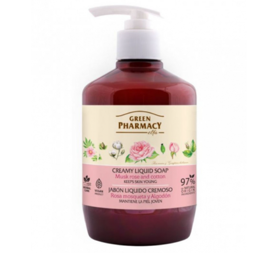 Švaros prekės. Muilas, pasta rankoms plauti. Skystas muilas Green Pharmacy muskuso rožė ir medvilnė 460ml