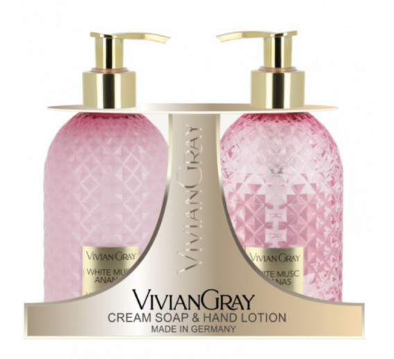 Švaros prekės. Muilas, pasta rankoms plauti. Skysto muilo ir rankų losjono rinkinys Musc Ananas 2x300ml