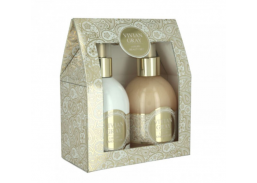 Švaros prekės. Muilas, pasta rankoms plauti. Skysto muilo ir rankų losjono rinkinys Sweet Vanilla 2x300ml